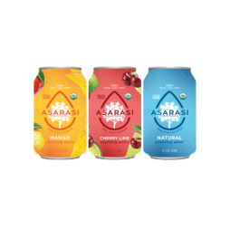 three 12 ounce cans of asarasi organic sparkling tree water in variety pack flavors mango cherry lime natural