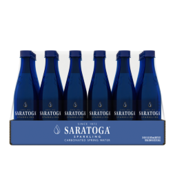 24 count box of 16 ounce saratoga natural spring sparkling water pet  plastic bottles front view
