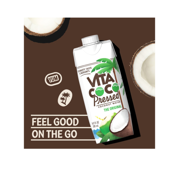 feel good on the go vita coco pressed coconut water with halved and whole coconuts Image4