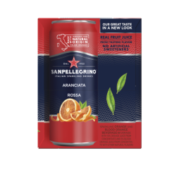 packaging label for 11 ounce slim can of sanpellegrino blood orange flavor italian soda