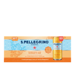 8x3 front of pack of s.pellegrino essenza tangerine & wild strawberry sparkling natural mineral water - slim cans