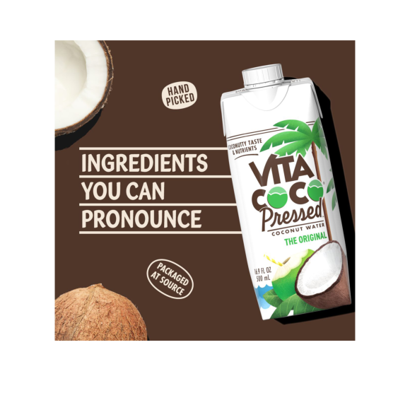 rich in nutrients and electrolytes vita coco pressed coconut water with halved and whole coconuts Image2
