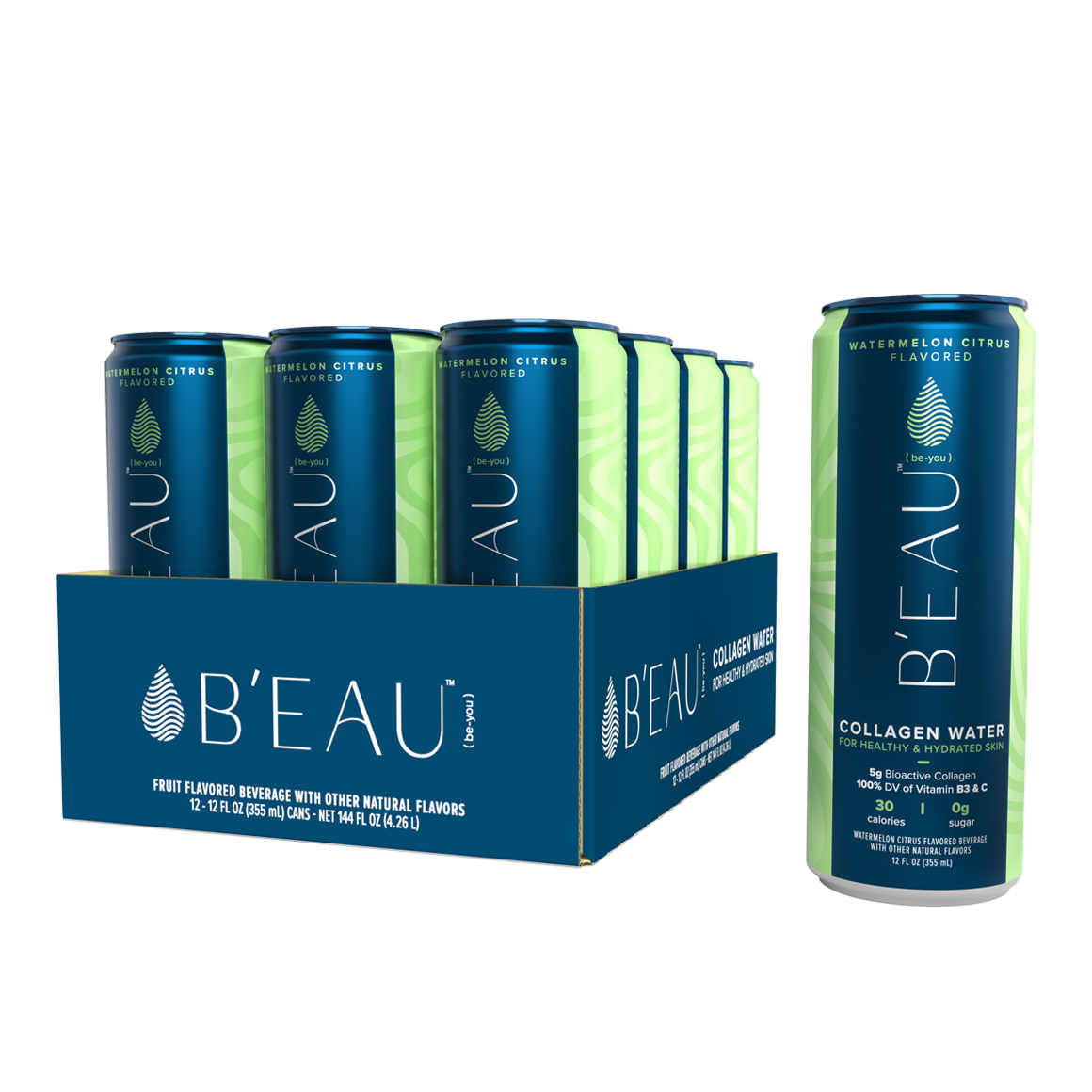 B'EAU™ Watermelon Citrus Flavored Collagen Water 12 Fl Oz Can (12 Pack)