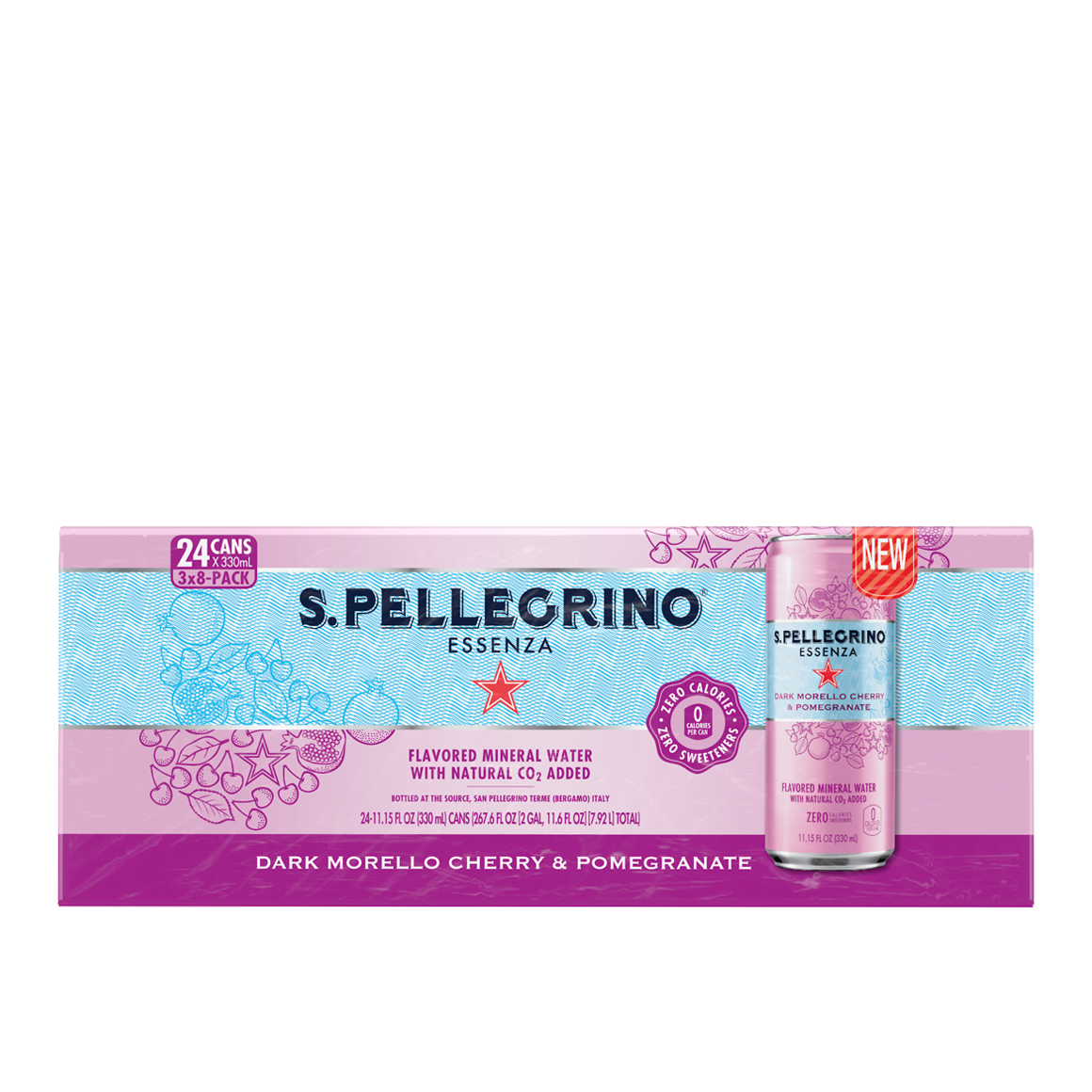 8 count 3 boxes front of pack of s.pellegrino essenza dark cherry morello & pomegranate sparkling natural mineral water - slim cans Image2