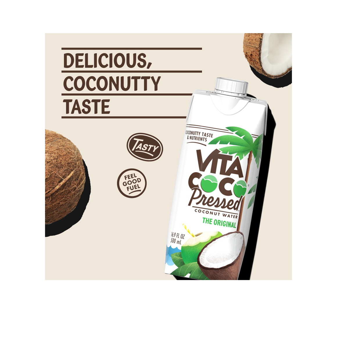 delicious coconutty taste vita coco pressed coconut water with halved and whole coconuts Image1