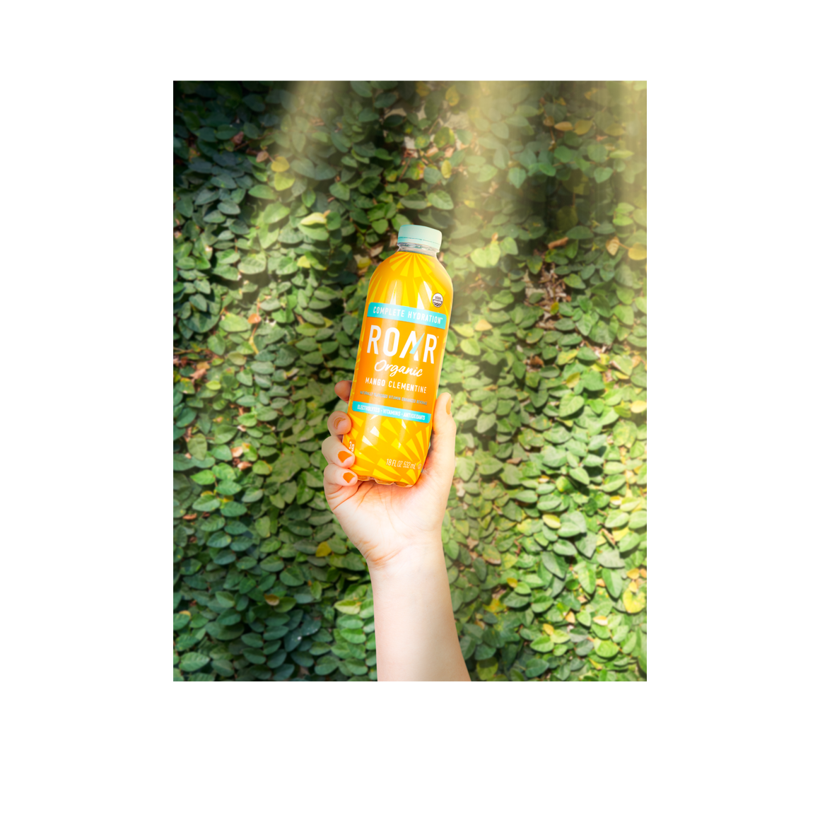 hand holding a bottle of roar organic mango clementine drink Image2