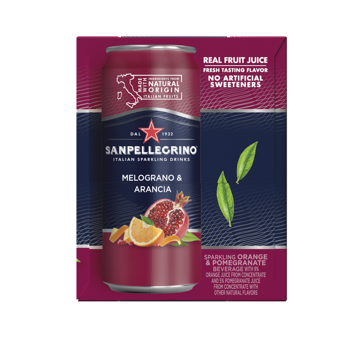 packaging label for 11 ounce slim can of sanpellegrino orange and pomegranate flavor italian soda Image1