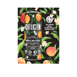 origin peach flavored sparkling water 12 ounce can leaf background