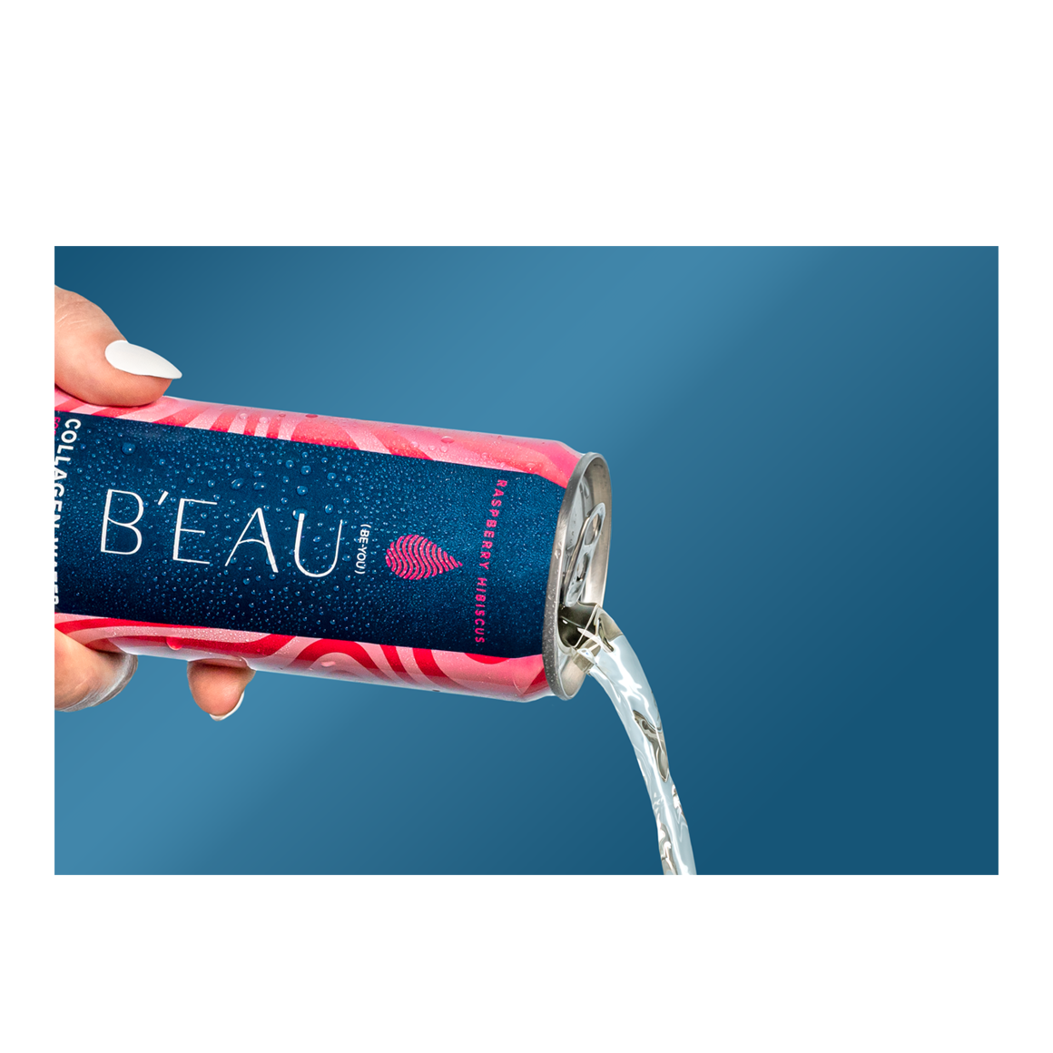 hand pouring a can of raspberry hibiscus beau collagen water Image2