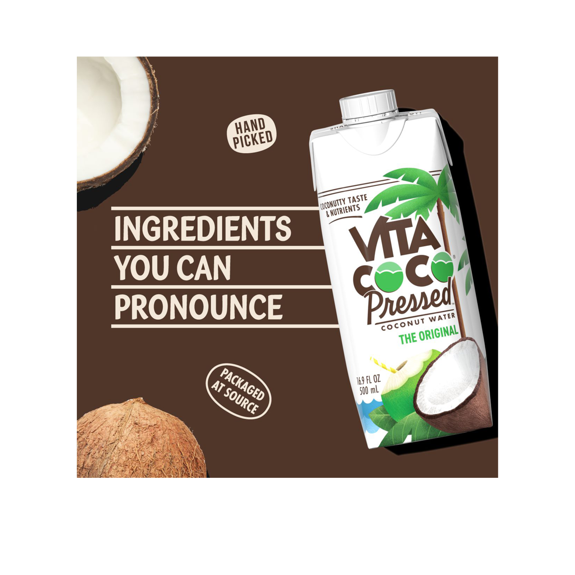 rich in nutrients and electrolytes vita coco pressed coconut water with halved and whole coconuts Image2