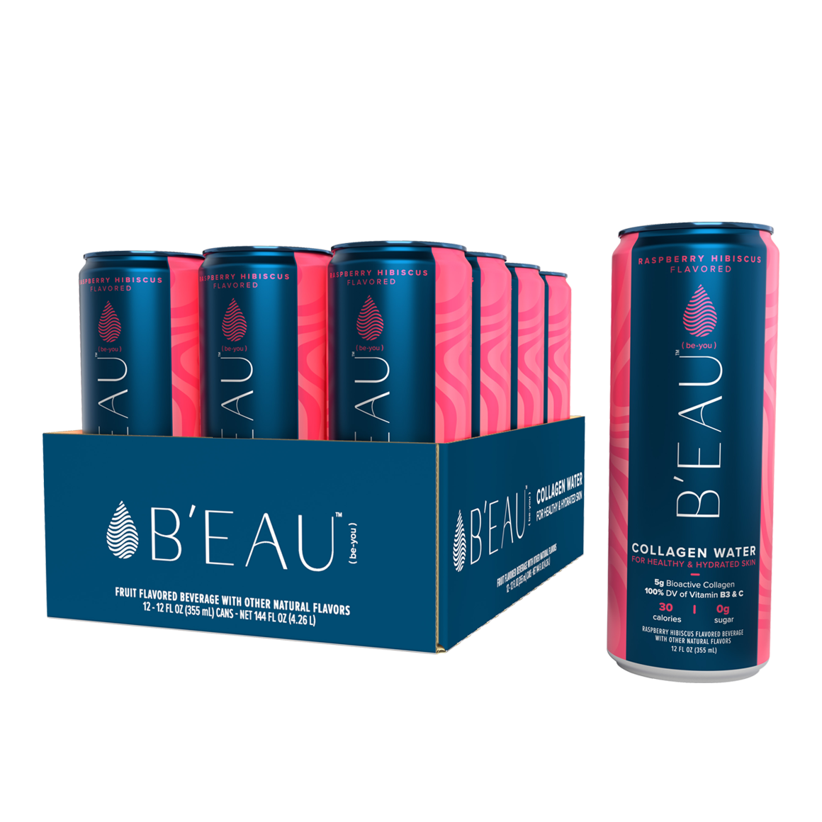 B'EAU™ Raspberry Hibiscus Flavored Collagen Water 12 Fl Oz Can (12 Pack)