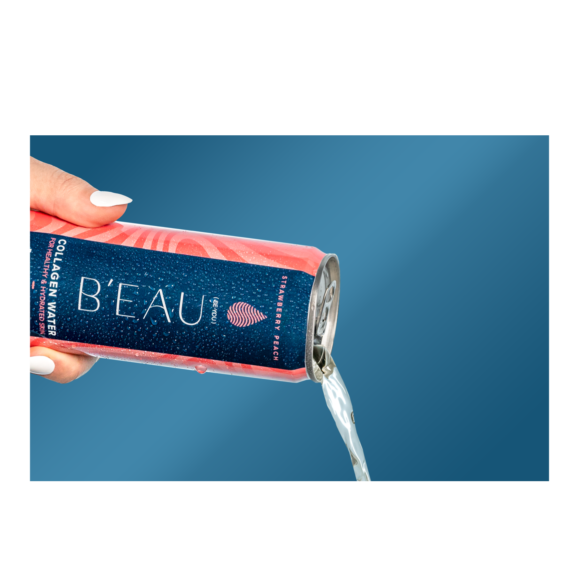 hand pouring a can of strawberry peach beau collagen water Image2