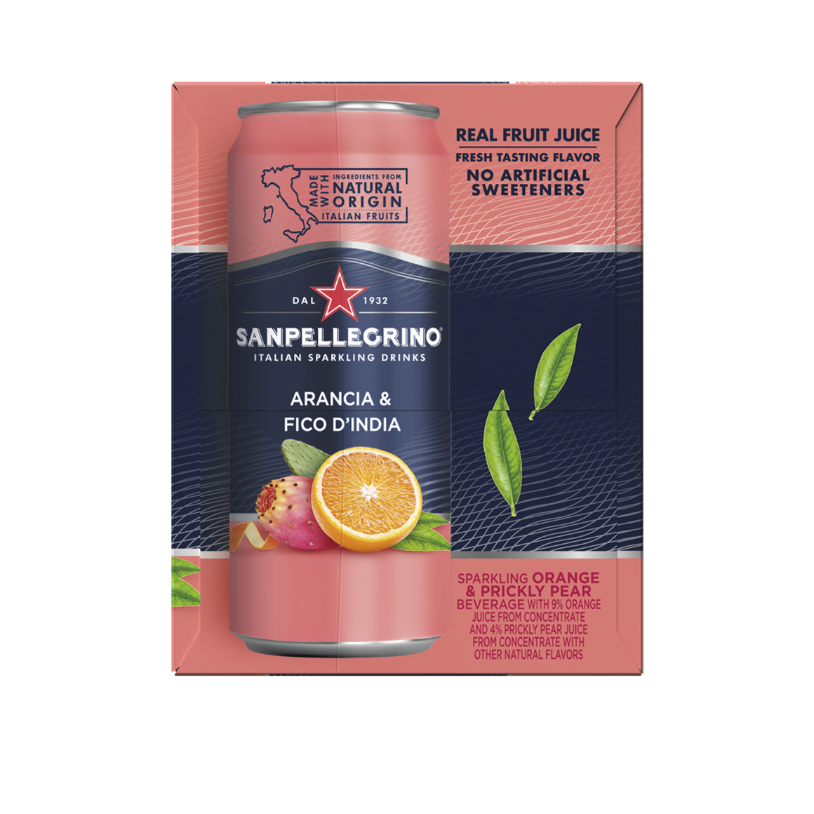 packaging label for 11 ounce slim can of sanpellegrino orange and prickly pear flavor italian soda Image1