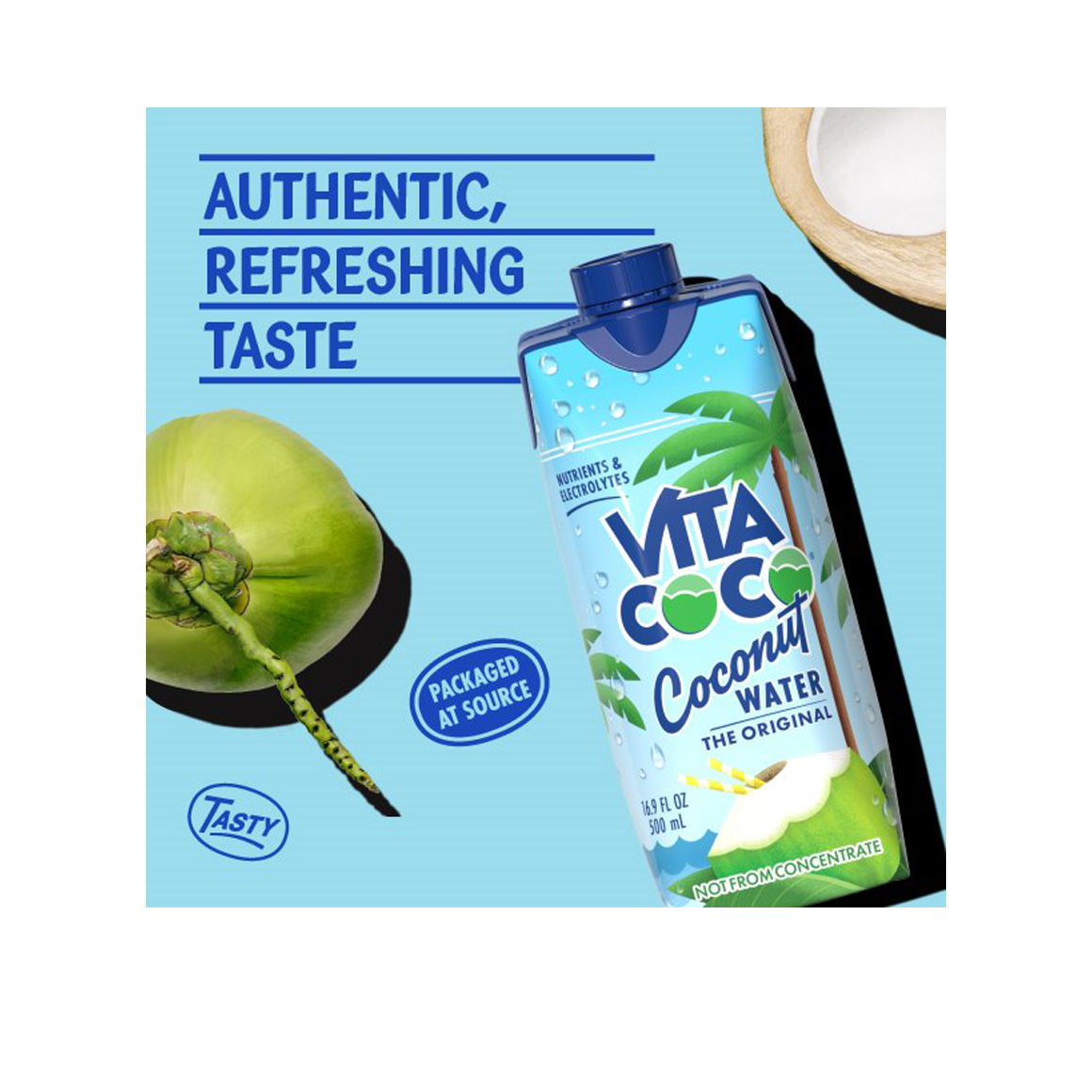 authentic refreshing taste vita coco coconut water with halved and whole coconuts Image2