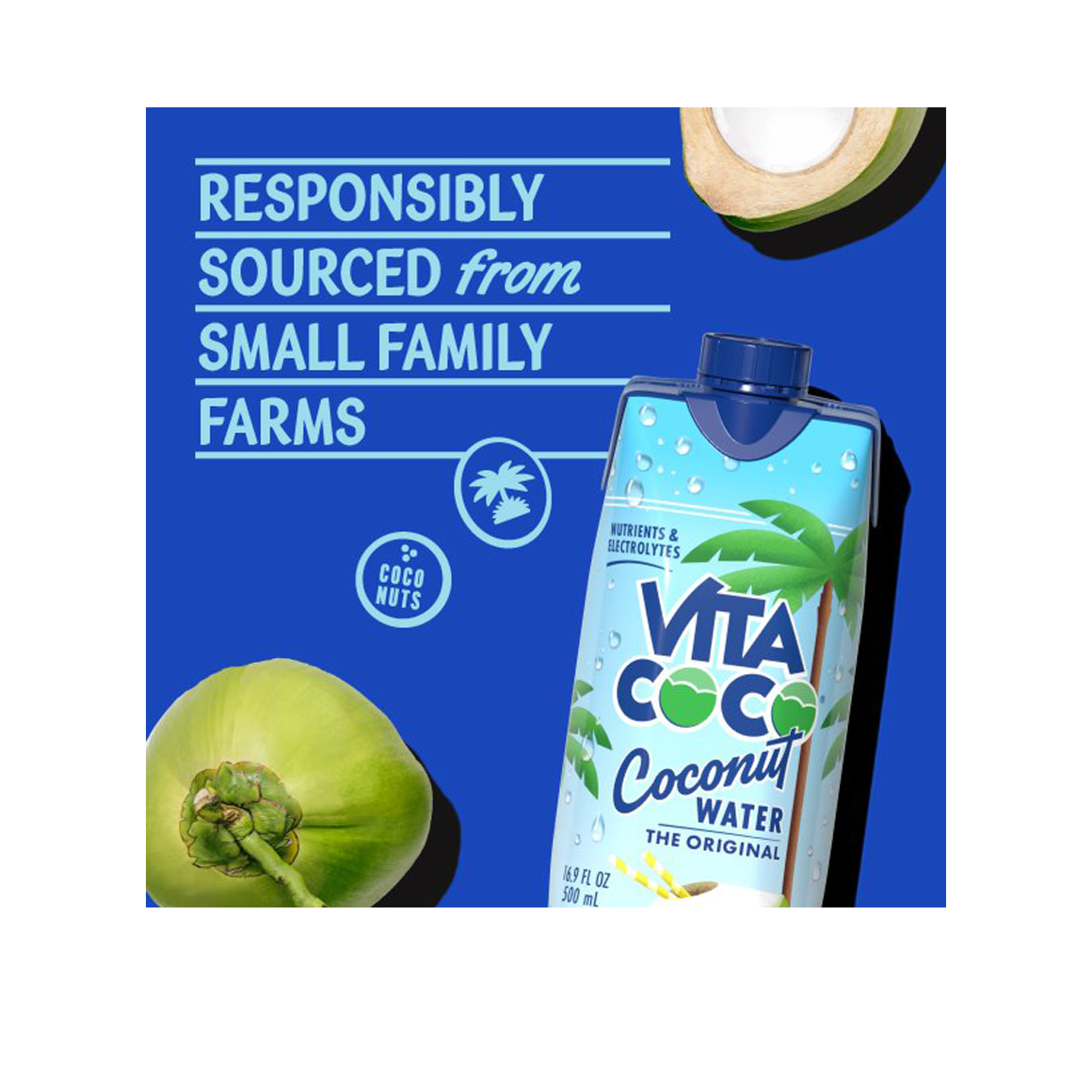 responsibly sourced from small family farms vita coco coconut water with halved and whole coconuts Image5