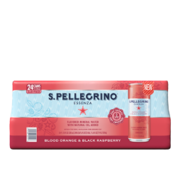 8 count 3 boxes front of pack of s.pellegrino essenza blood orange & black raspberry sparkling natural mineral water - slim cans