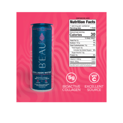 nutrition info label on a can of raspberry hibiscus beau collagen water