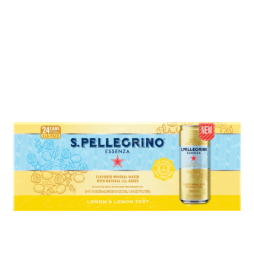 8 count 3 boxes front of pack of s.pellegrino essenza lemon zest sparkling natural mineral water - slim cans