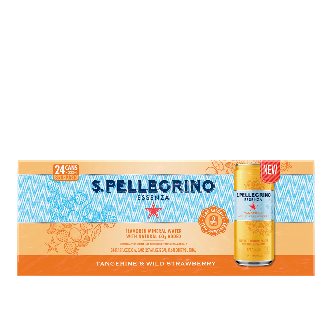 8x3 front of pack of s.pellegrino essenza tangerine & wild strawberry sparkling natural mineral water - slim cans Image2