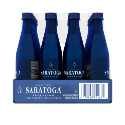 24 count box of 16 ounce saratoga natural spring sparkling water pet  plastic bottles side view