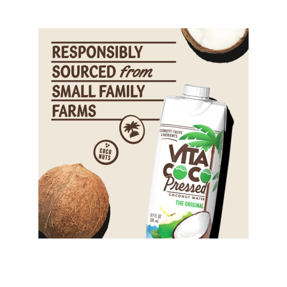 responsibly sourced from small family farms vita coco pressed coconut water with halved and whole coconuts Image5