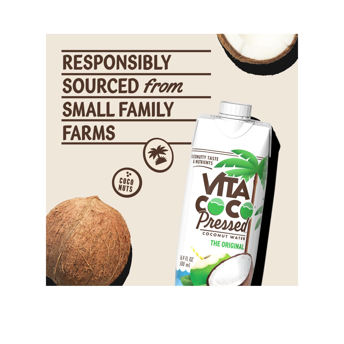 responsibly sourced from small family farms vita coco pressed coconut water with halved and whole coconuts Image5